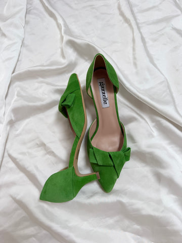 Pantofi damă din piele naturală – Verde, cu toc subțire și fundă elegantă Smile and Love