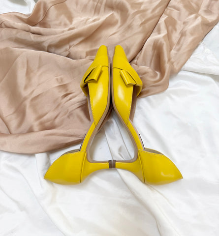 Pantofi damă din piele naturală – Galbena, cu toc subțire și fundă elegantă Smile and Love