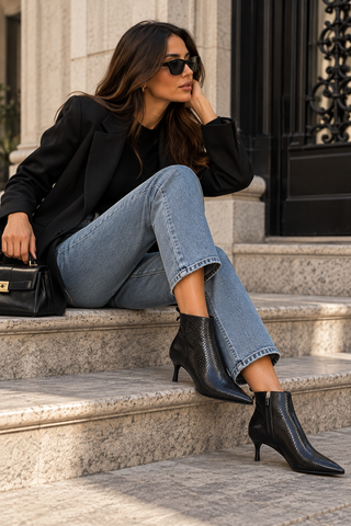 Botine damă din piele naturală – Negru sarpe, cu toc subțire și vârf ascuțit Simple